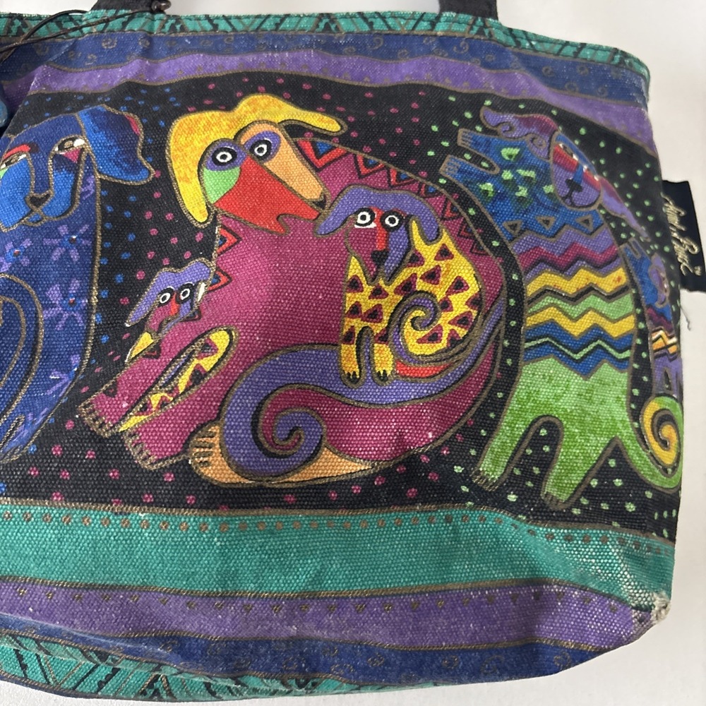 Dogs & Doggies Laurel Burch Small Canvas Purse Tote Multicolor Handbag - Picture 3 of 13